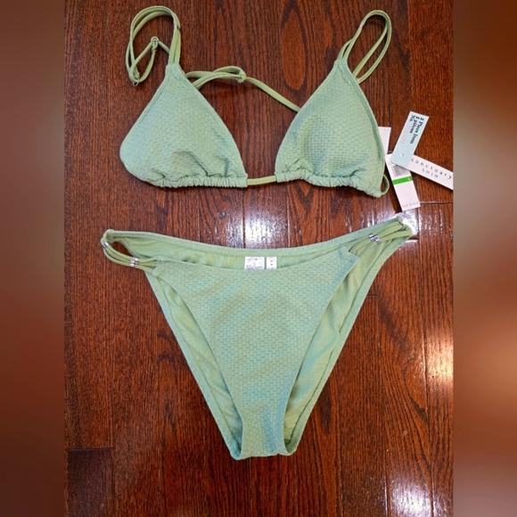 SANCTUARY SWIM Light Pastel Green Bikini Set Silver Sparkle Size L - Picture 3 of 7